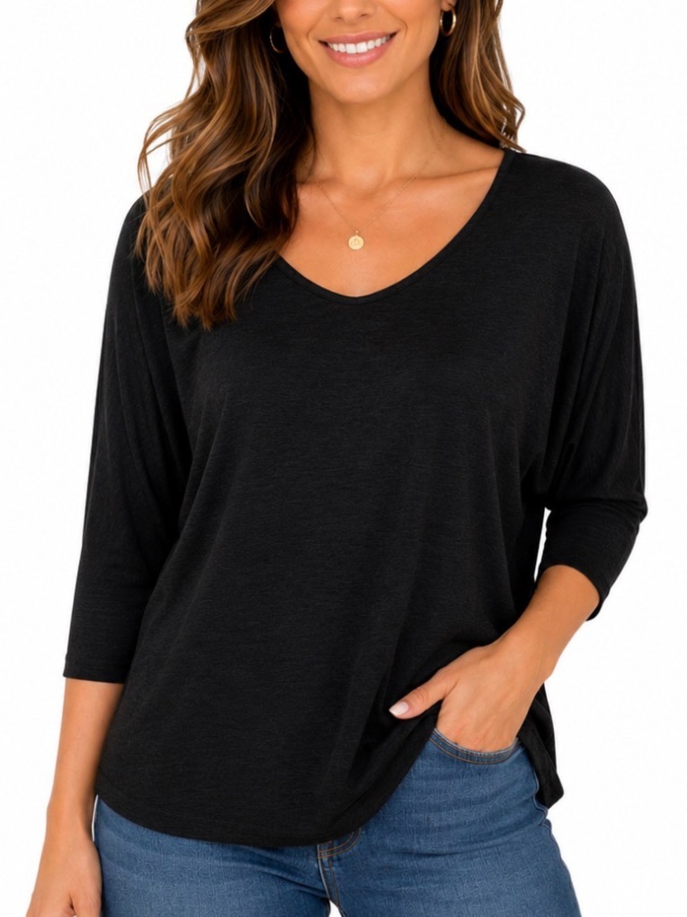 Laila Jayde Women's Black V-Neck Dolman Sleeve Top lightweight bat wing SZ XL